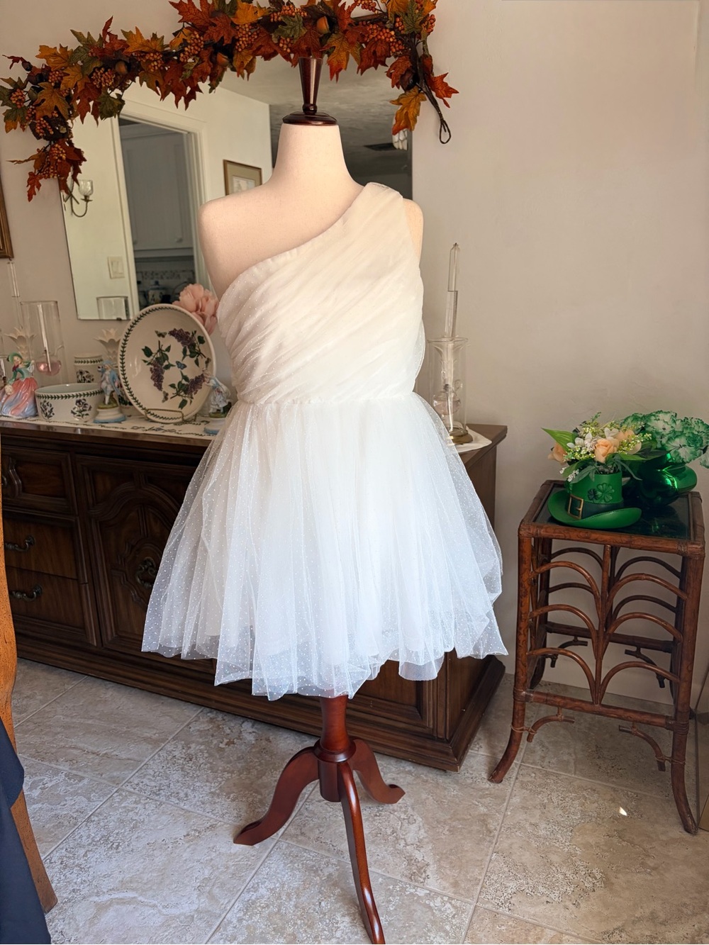 White Swiss Dot One-Shoulder Tulle Mini Dress